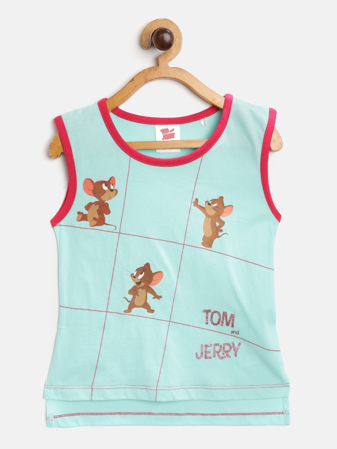 

toothless Tom Jerry Girls Green Pure Cotton Printed Round Neck Sleeveless Pure Cotton T-shirt