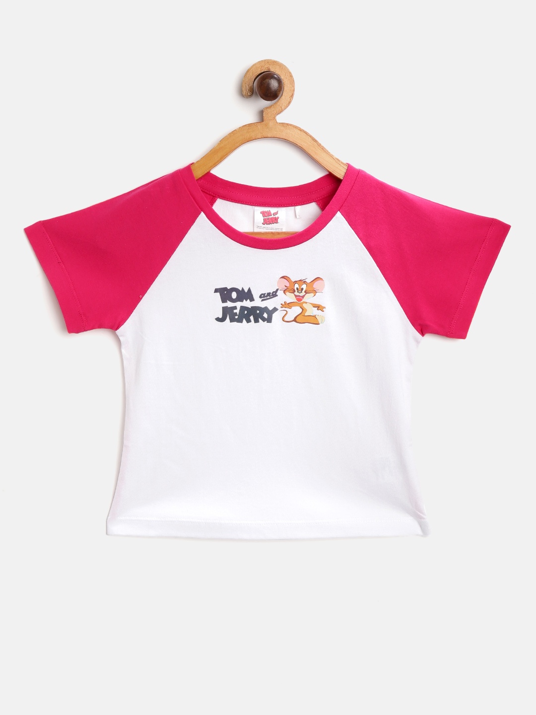 

toothless Girls White Fuchsia Tom and Jerry Print Round Neck Pure Cotton T-shirt