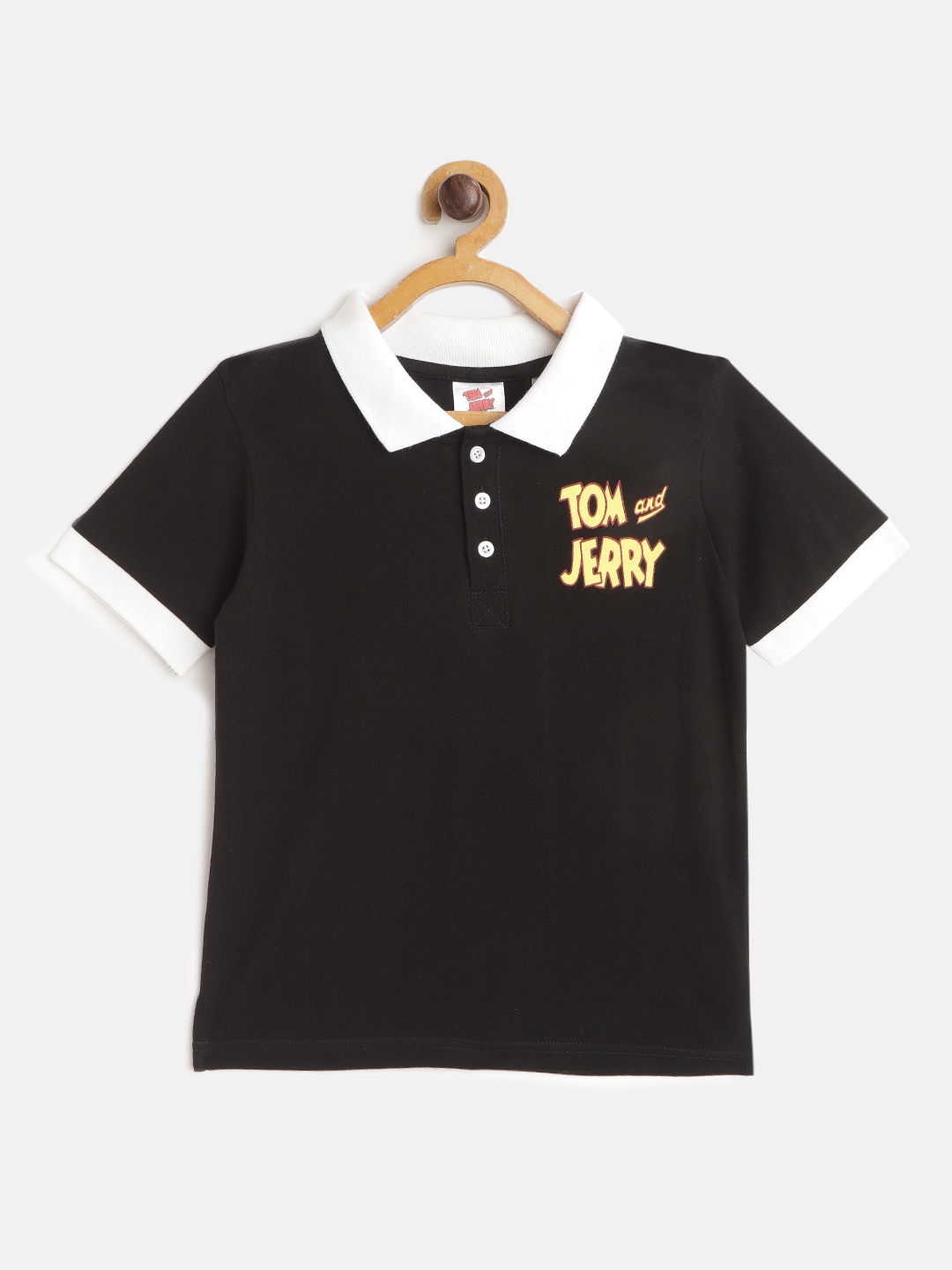 

toothless Boys Black Beige Pure Cotton Tom Jerry Printed Back Polo Collar Pure Cotton T-shirt