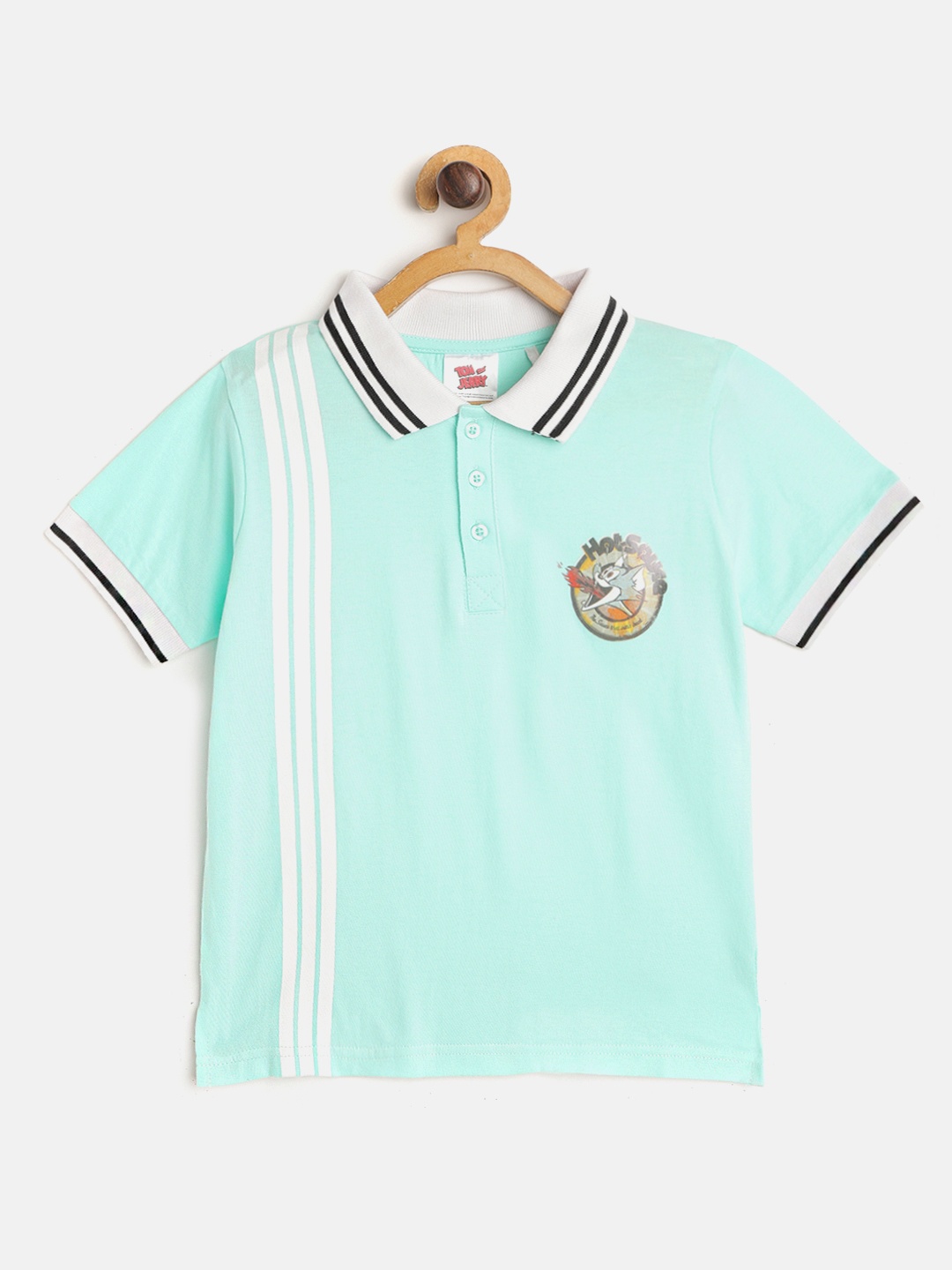 

toothless Tom Jerry Boys Sea Green White Pure Cotton Polo Collar Pure Cotton T-shirt