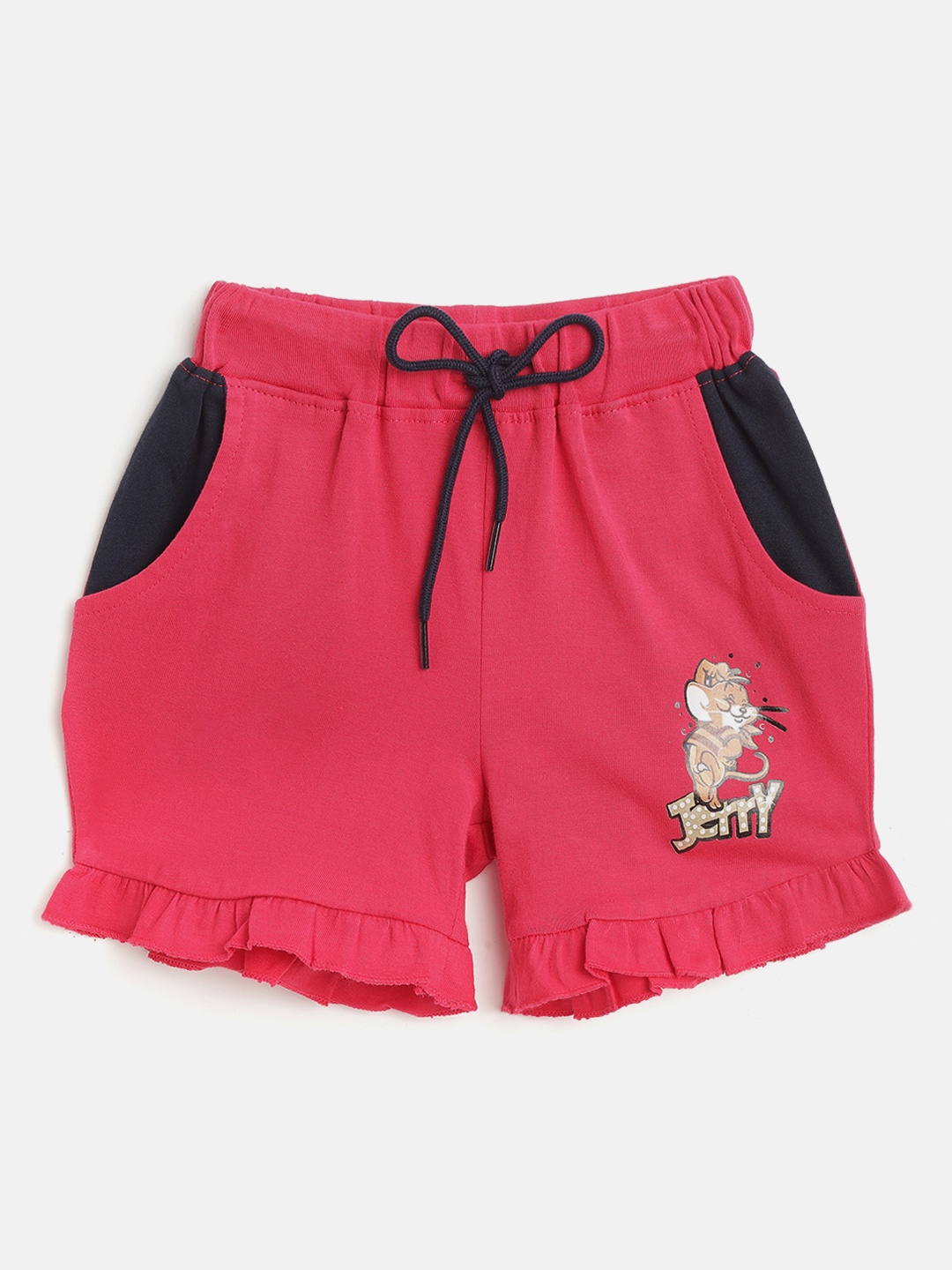 

toothless Tom & Jerry Girls Pink Colourblocked Tom & Jerry Shorts with Ruffled Detail