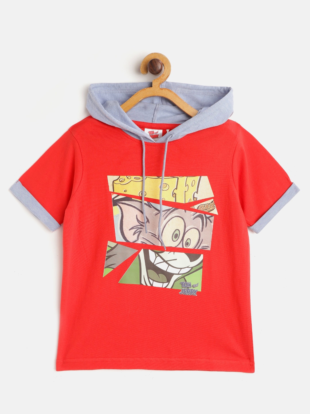 

toothless Boys Red Tom & Jerry Print Pure Cotton Hooded T-shirt
