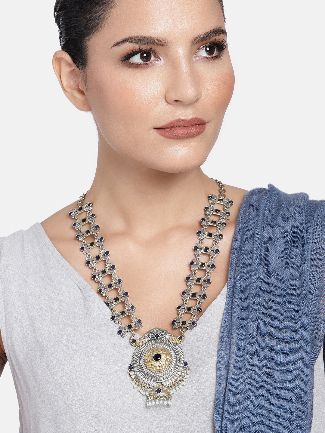 

Peora Oxidised Silver-Plated & Blue Afghani Necklace