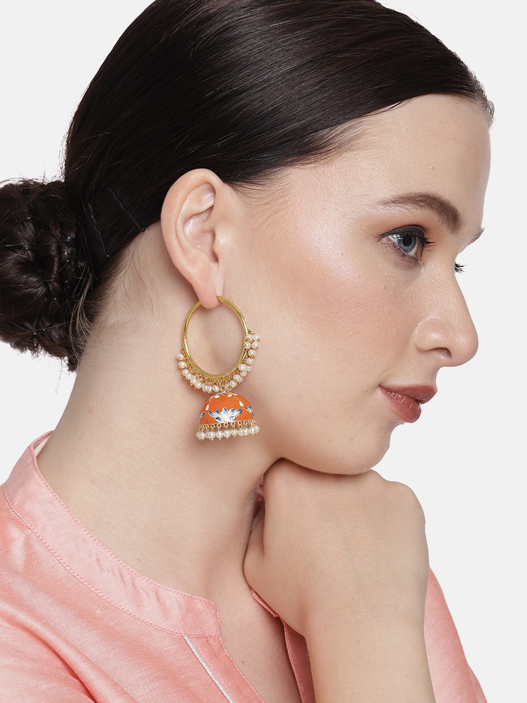 

Peora Orange & Gold-Toned Dome Shaped Meenakari Jhumkas