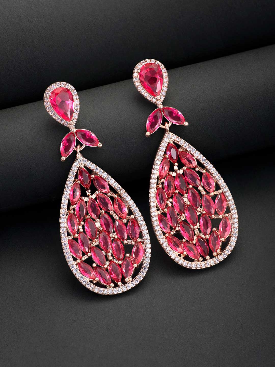 

Peora Magenta & Rose Gold Teardrop Shaped Drop Earrings
