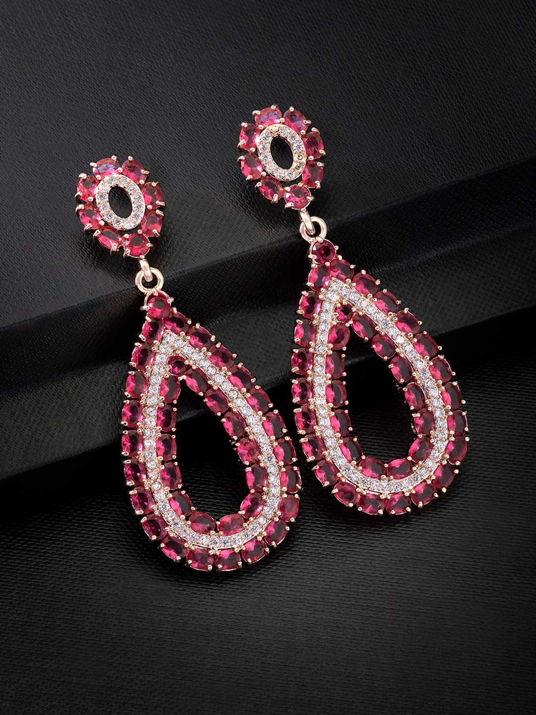 

Peora Red & White Rose Gold-Plated Micro Pave CZ Teardrop Shaped Earrings