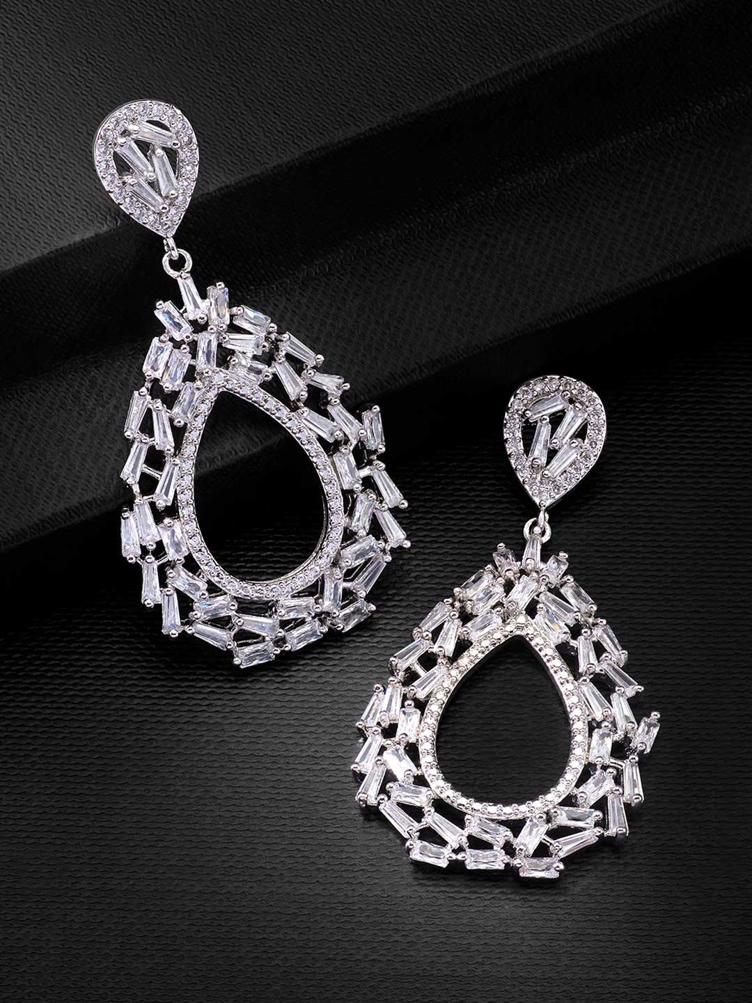 

Peora White Silver Plated Cubic Zirconia Studded Pave Halo Teardrop Shaped Drop Earrings