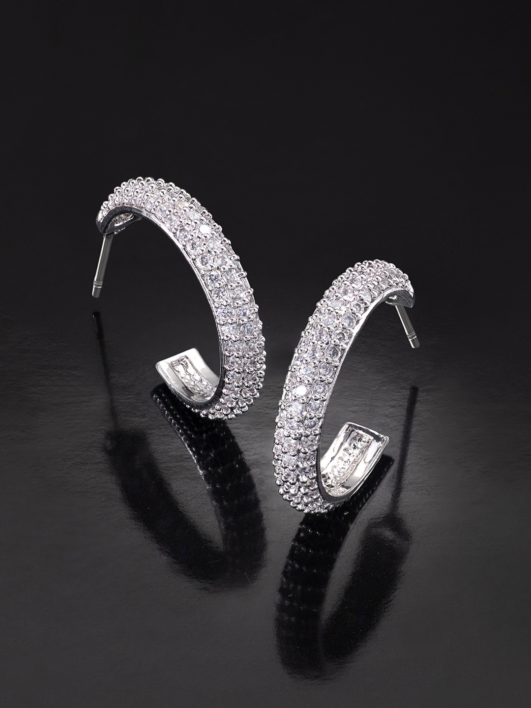 

Peora White & Silver-Plated Cubic Zirconia Studded Circular Half Hoop Earrings