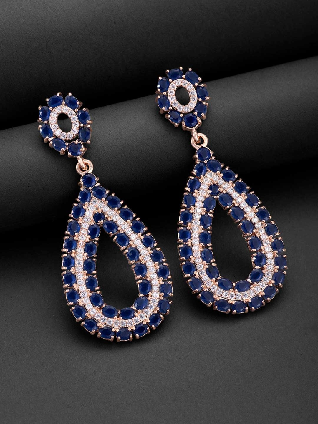 

Peora Navy Blue & Rose Gold-Plated CZ Studded Teardrop Shaped Earrings
