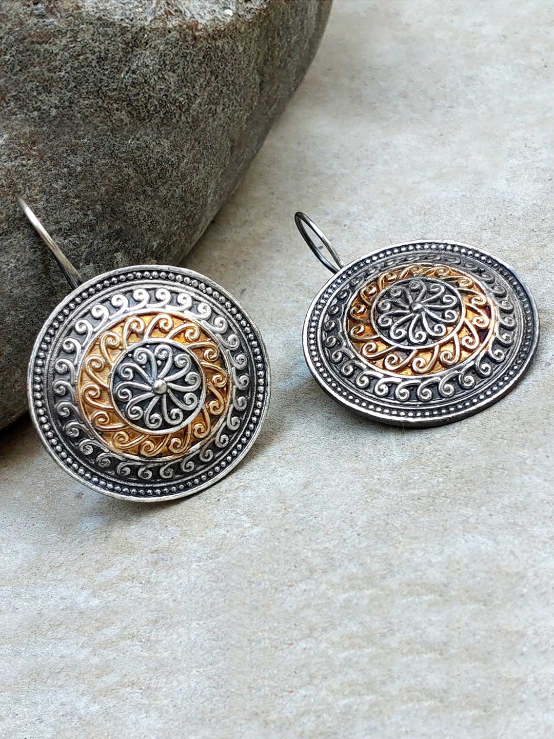 

Peora Gold-Toned Oxidised Silver-Plated Circular Drop Earrings