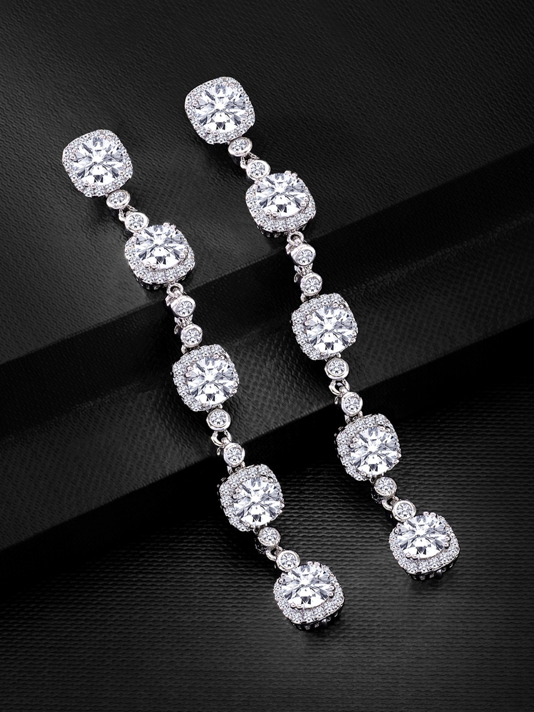 

Peora Silver-Plated White Solitaire Cubic Zirconia Square Drop Earrings