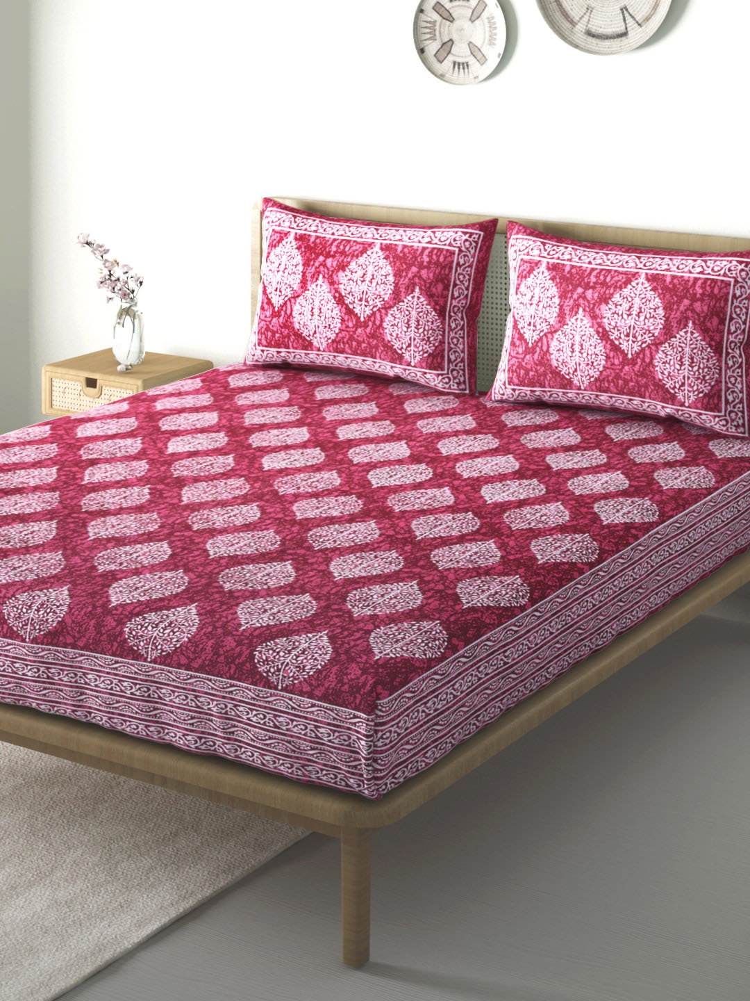 

Aura Magenta & White Ethnic Motifs 104 TC 110 GSM Cotton Queen Bedsheet with Pillow Covers