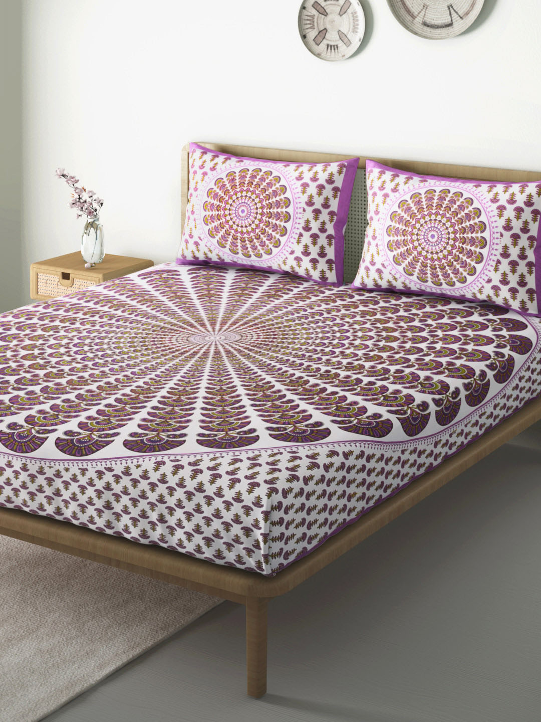 

Aura White & Purple Ethnic Motifs 104 TC 110 GSM Cotton Queen Bedsheet with Pillow Covers