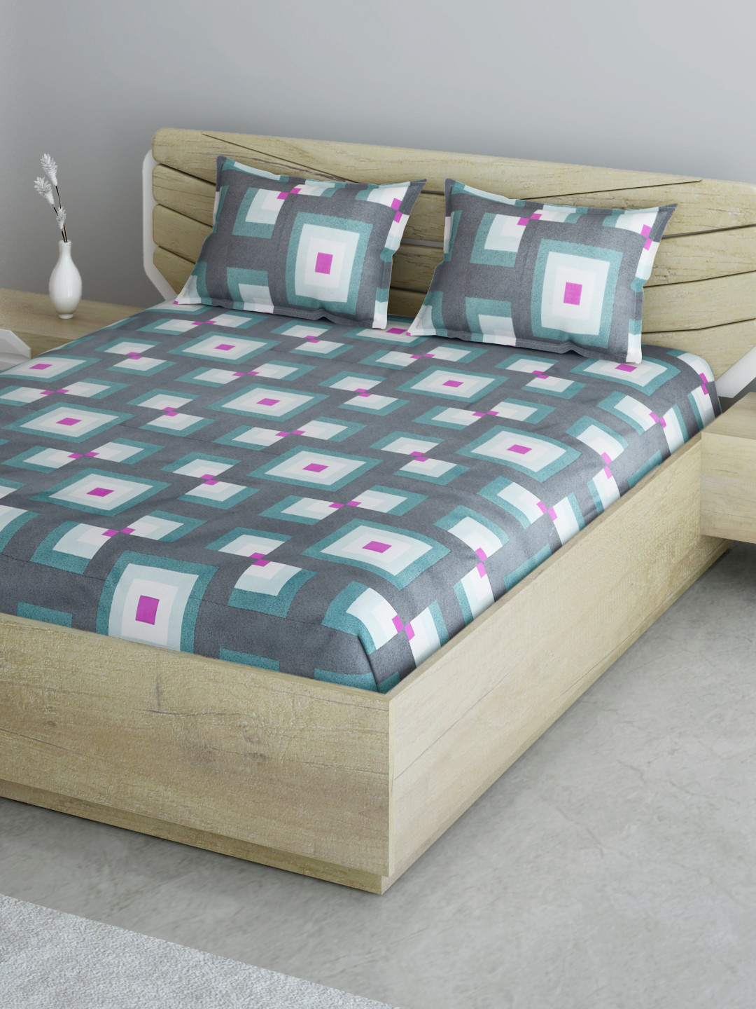 

Aura Blue & White Geometric 144 TC 120 GSM Cotton 1 Queen Bedsheet with 2 Pillow Covers