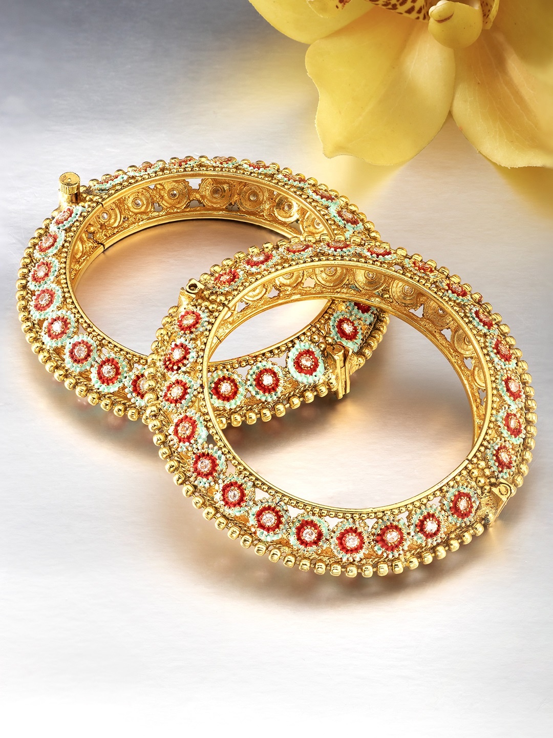 

Peora Set of 2 Red & Green Gold Plated Stone Studded Meenakari Kada Bangles