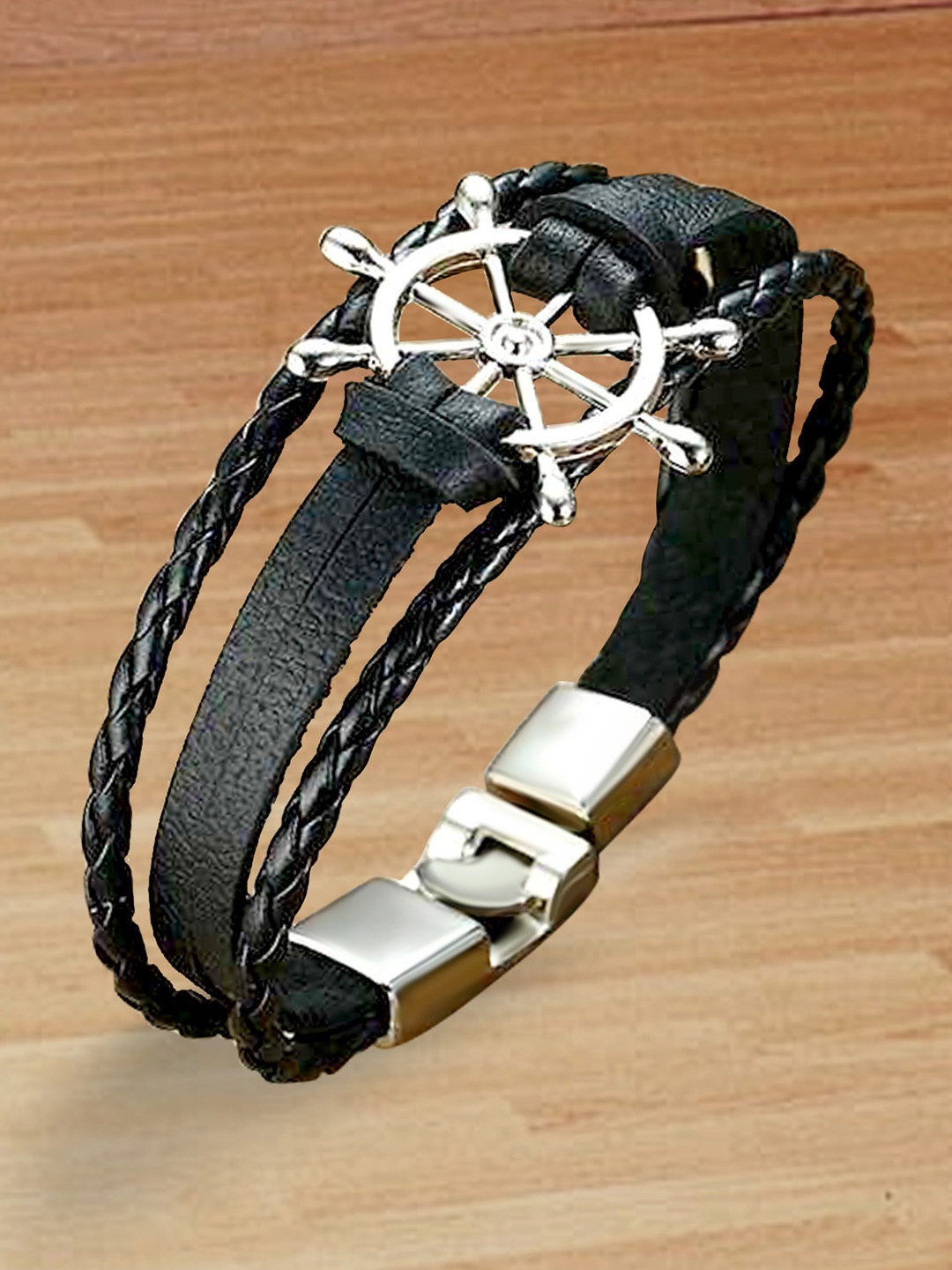 

Peora Men Black Brass Wheel Leather Multistrand Bracelet