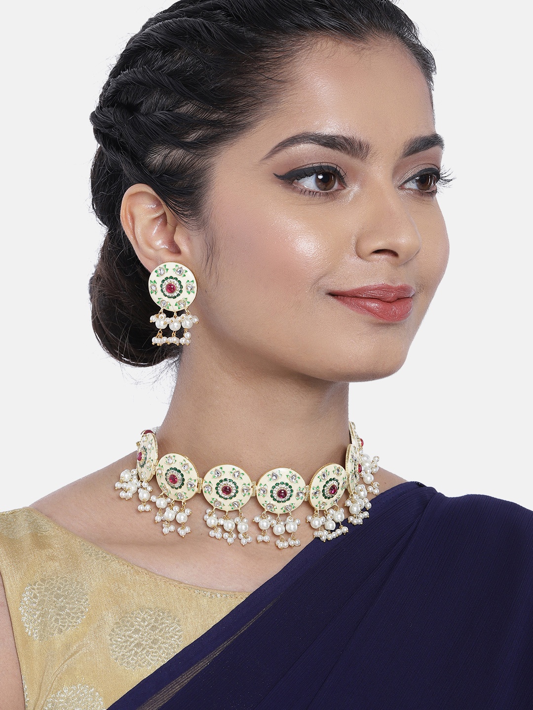 

Peora Cream-Coloured & White Gold Plated Enamelled Meenakari Jadau Jewellery Set