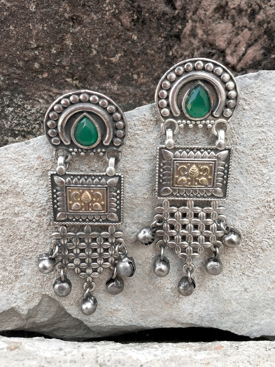 

Peora Silver-Plated & Green Oxidised Classic Drop Earrings