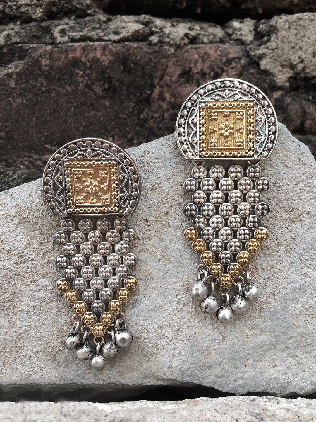 

Peora Silver-Plated & Gold-Toned Oxidised Classic Drop Earrings