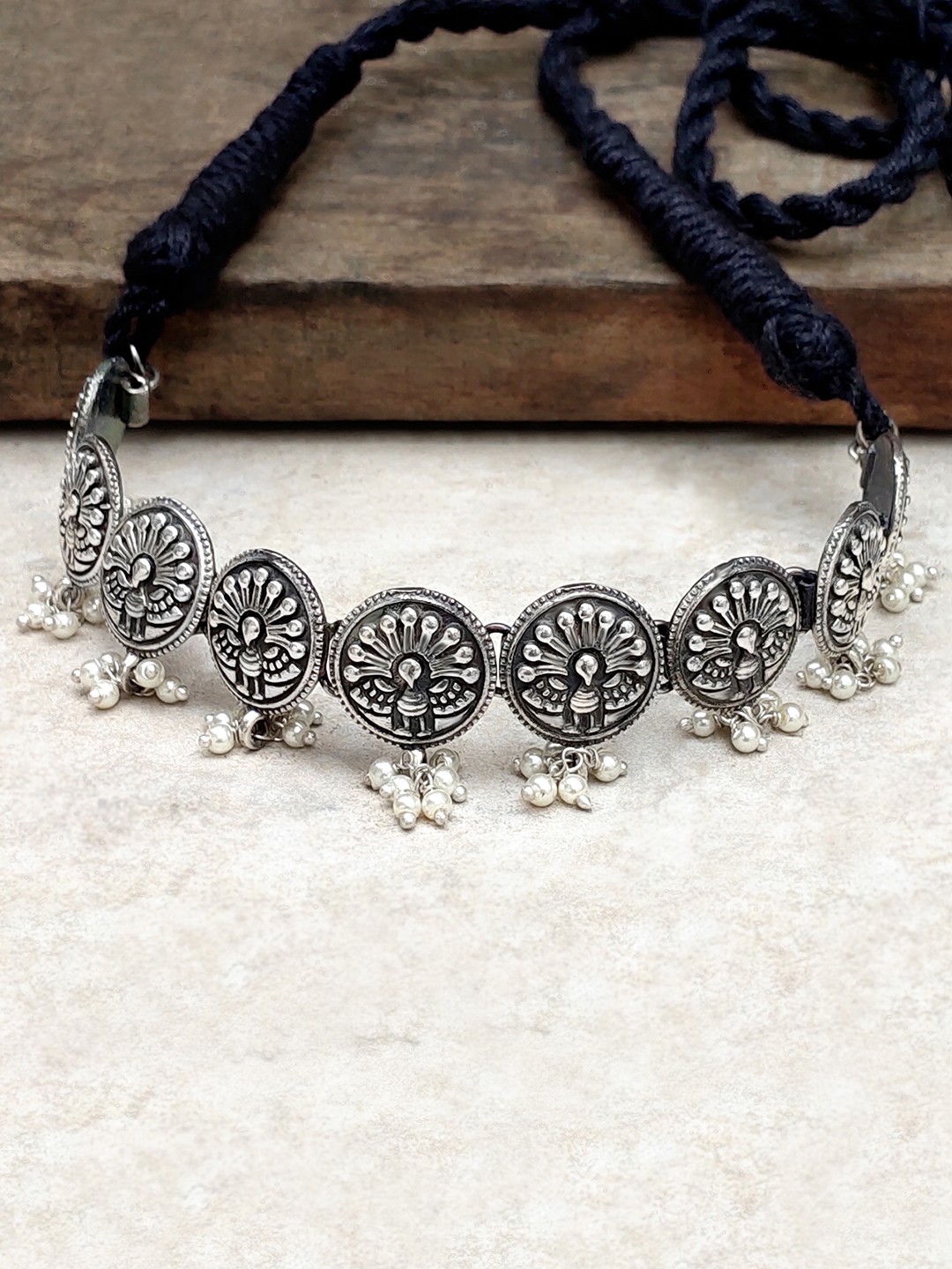 

Peora Black Silver-Plated Oxidised Tribal Choker Necklace