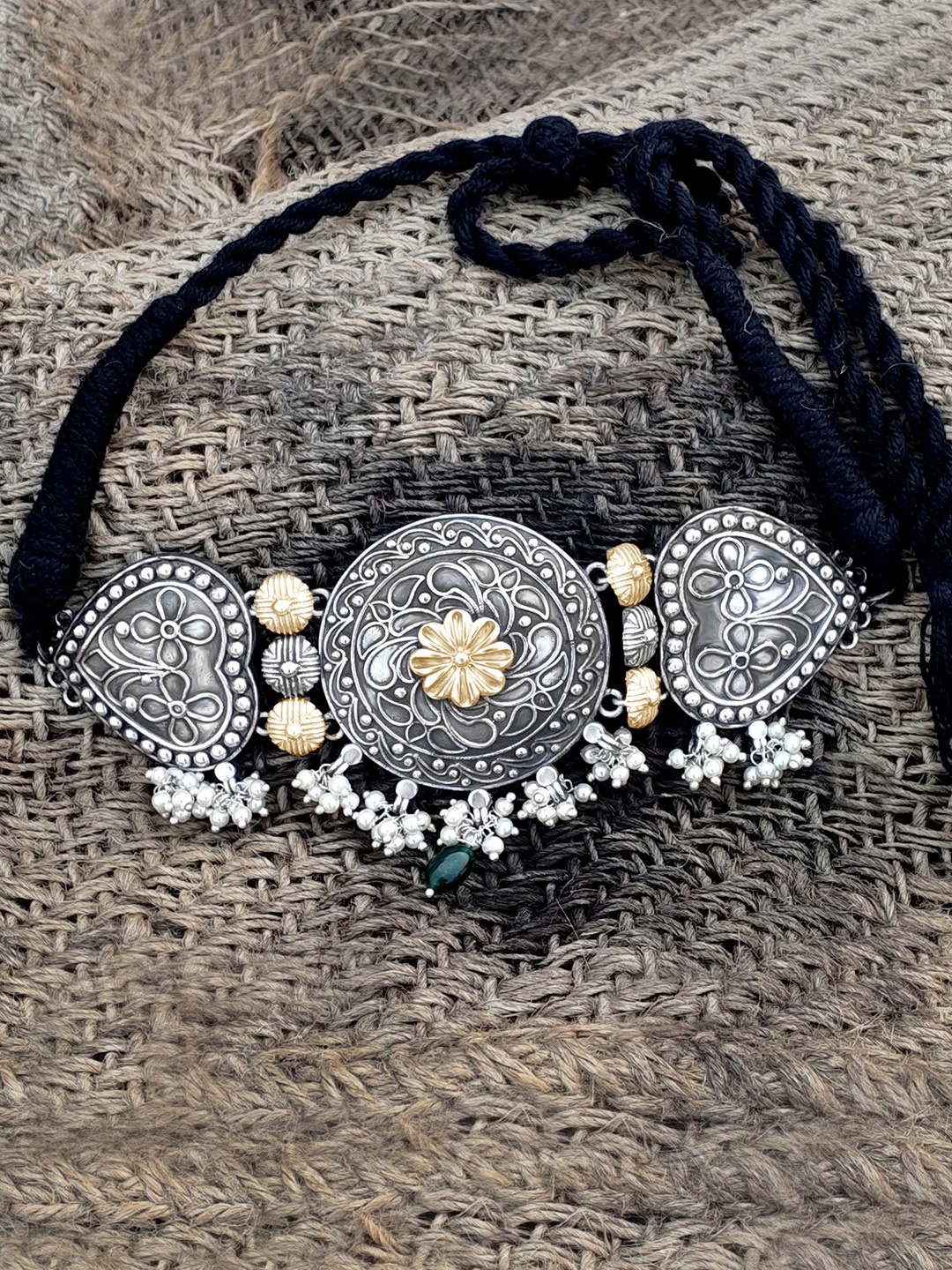 

Peora Black Silver-Plated Oxidised Pearl Detailed Choker Necklace