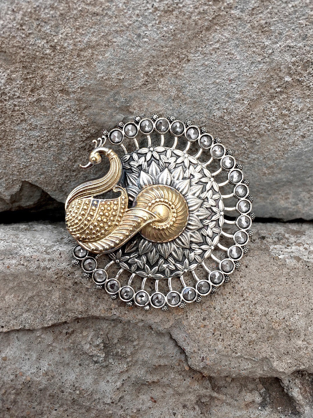 

Peora Gold-Toned Silver-Plated Oxidised Peacock Adjustable Finger Ring