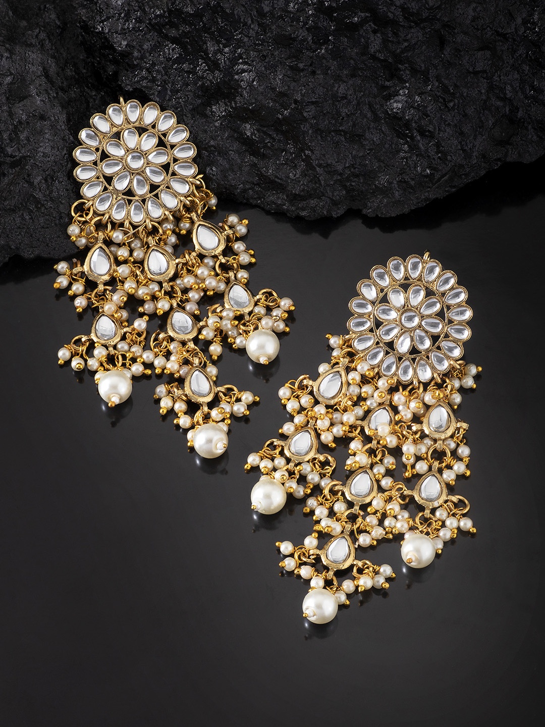 

Peora Gold Plated & White Classic Kundan Studded Chandelier Drop Earrings