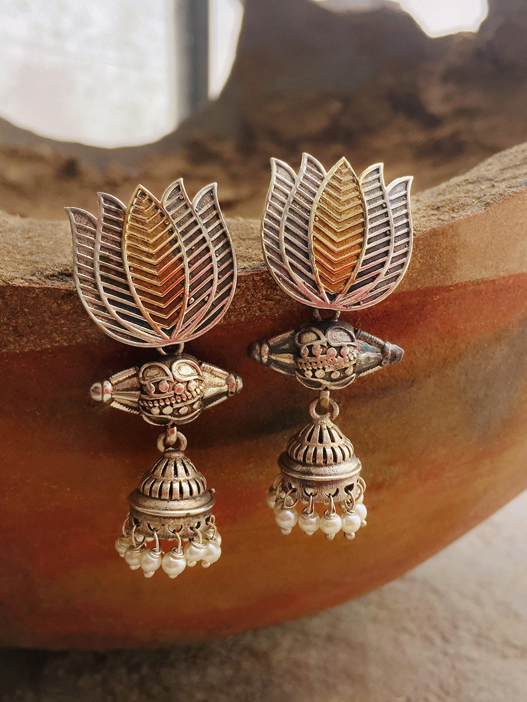 

Peora Silver-Plated & Gold-Toned Lotus-Shaped Jhumkas