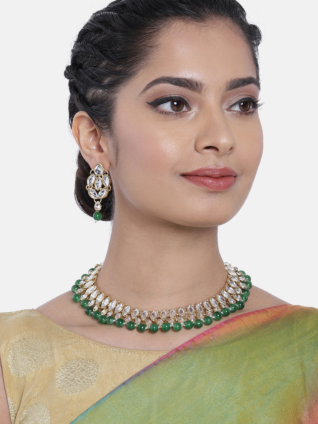 

Peora Gold Plated Green Kundan Studded Necklace Earring Jewellery Set