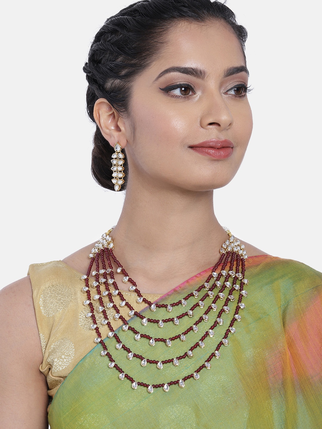 

Peora Gold Plated Maroon Kundan Beaded Layered Necklace & Earring Jewellery Set