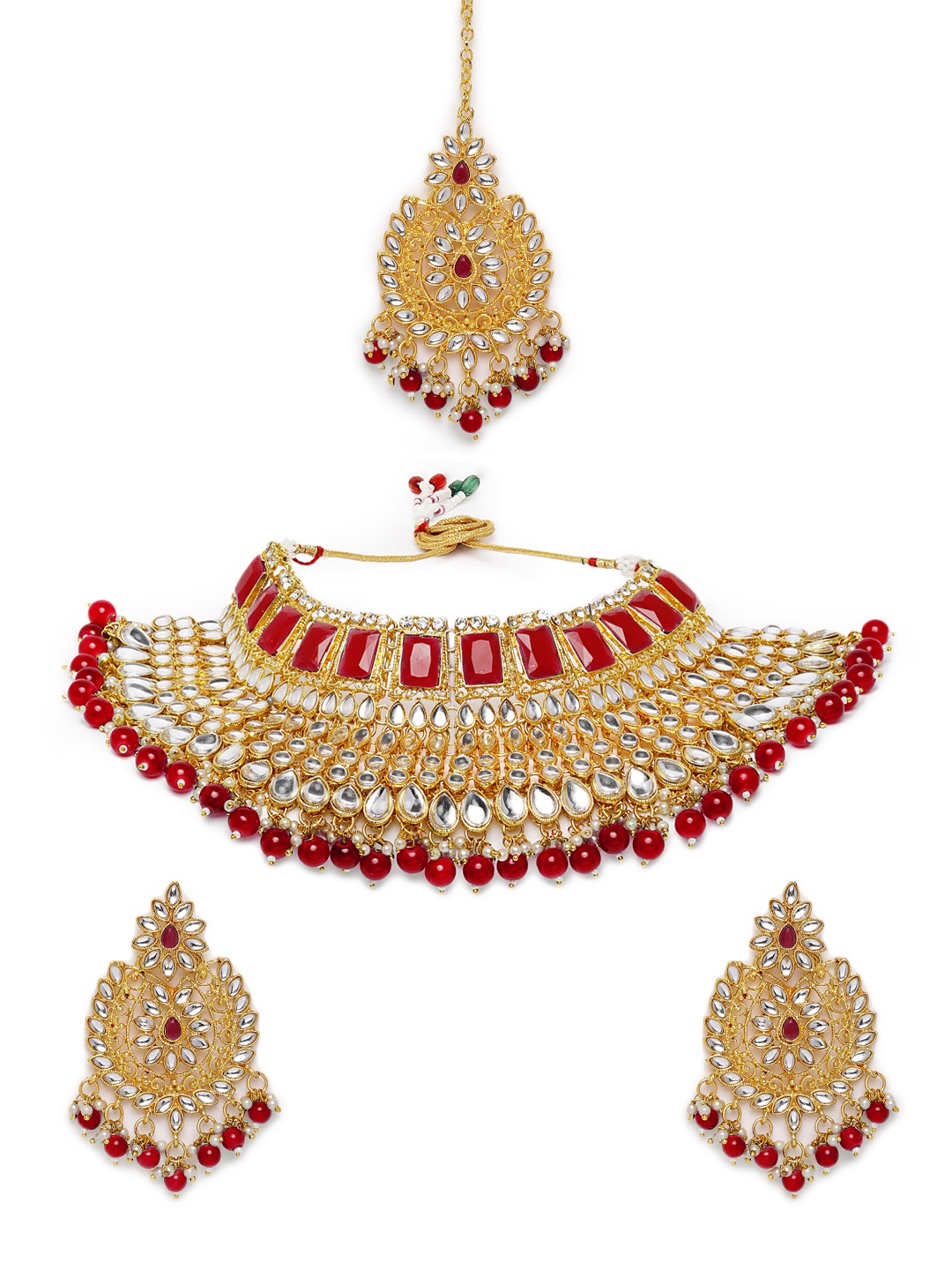 

Peora Gold Plated Red Kundan Studded Jewellery Set
