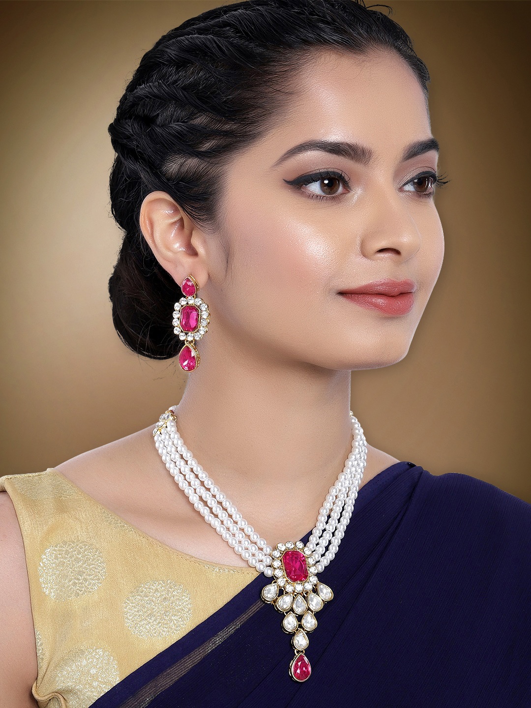 

Peora White & Magenta Crystal Pearl Gold Plated Jadau Jewellery Set