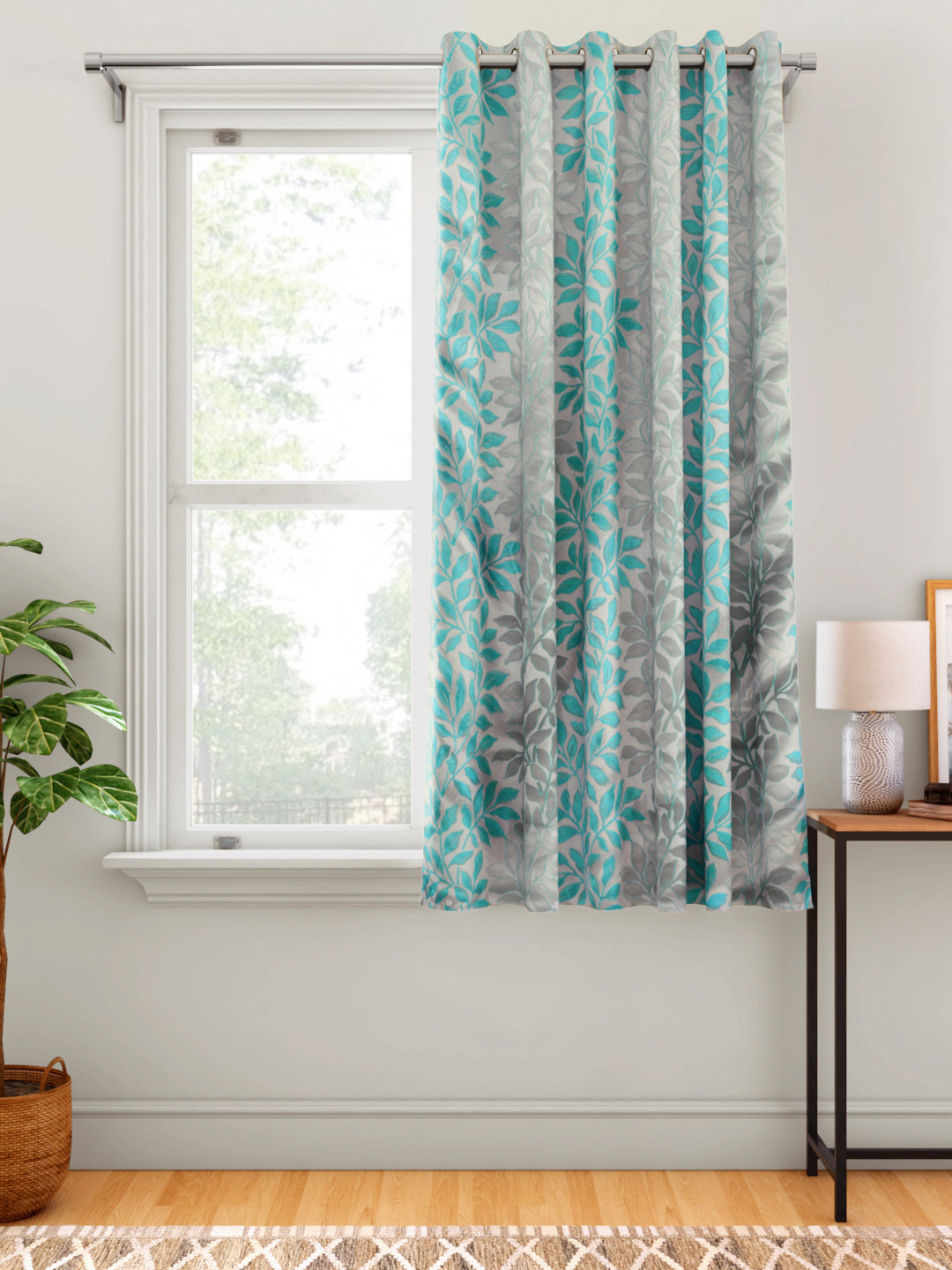 

Aura Silve & Blue Floral Single Window Curtain, Silver