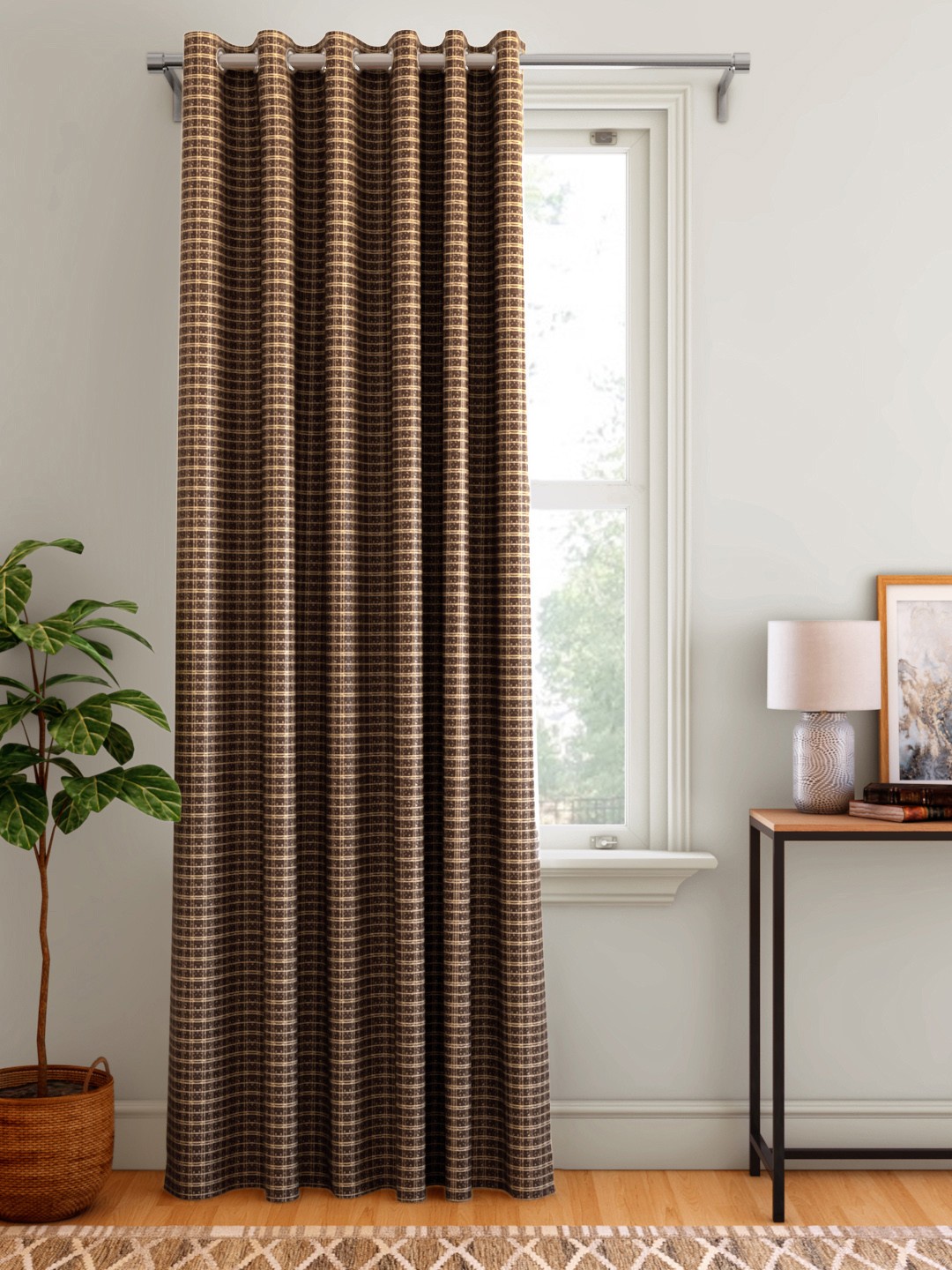 

Aura Coffee Brown & Off-White Checked Single Door Curtain