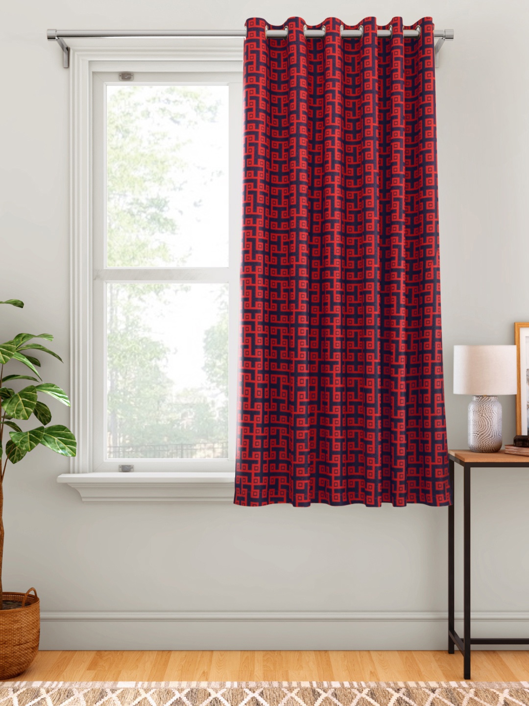 

Aura Blue & Red Geometric Patterned Single Window Curtain