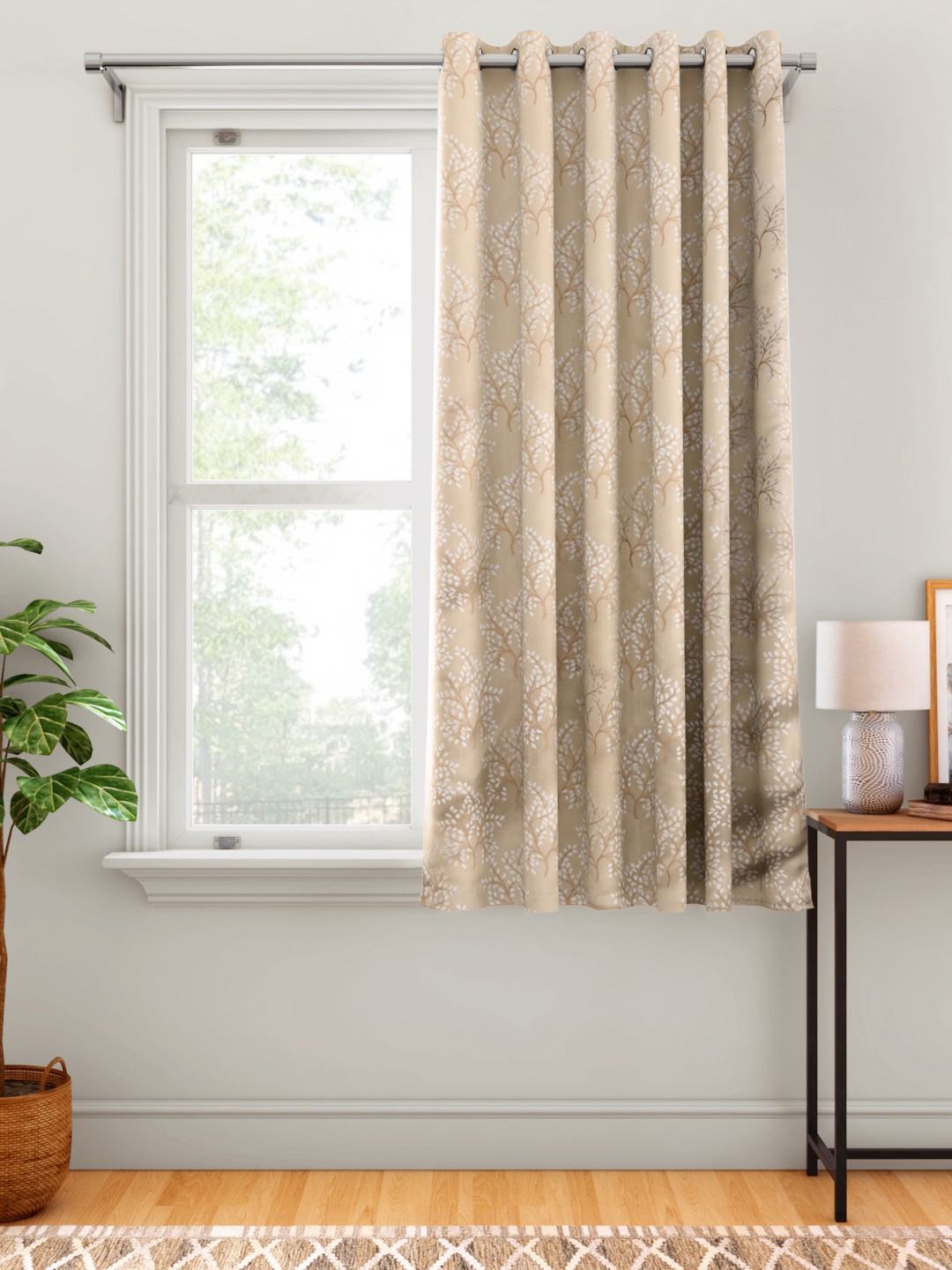 

Aura Beige & Silver Floral Single Window Curtain