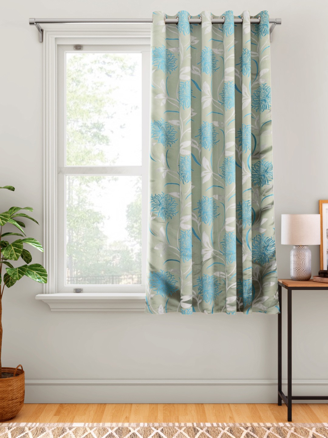 

Aura Golden & Blue Floral Single Window Curtain, Gold