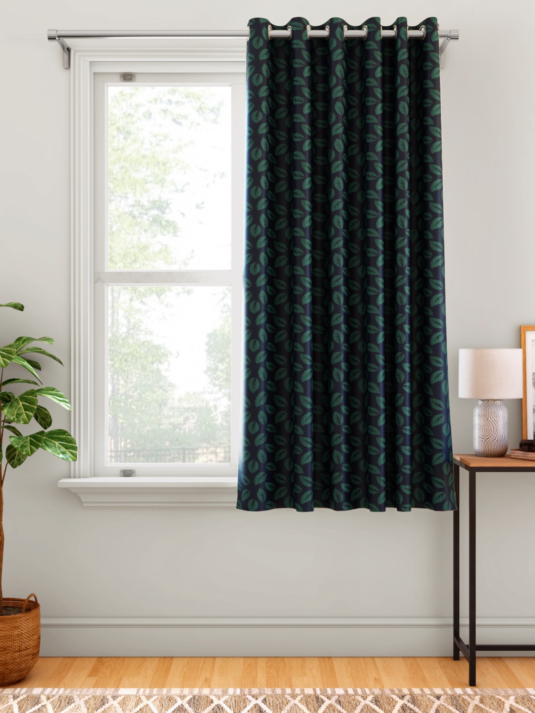 

Aura Navy Blue & Green Leaf Patterned Window Curtain