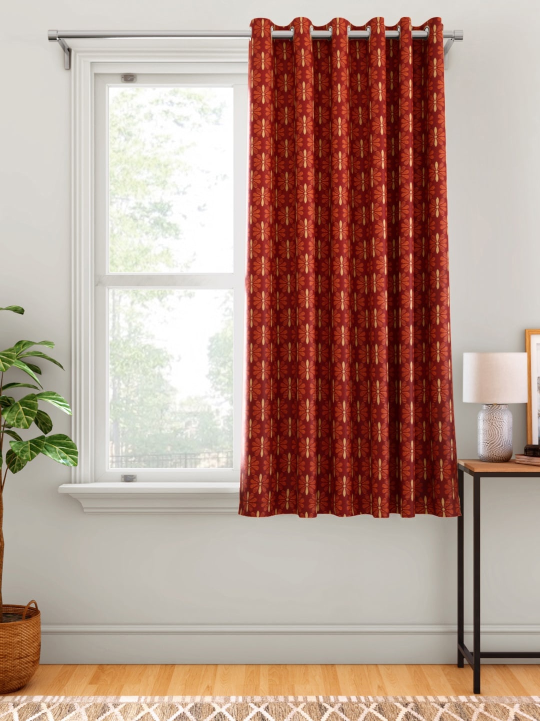 

Aura Maroon & Rust Orange Floral Patterned Single Window Curtain