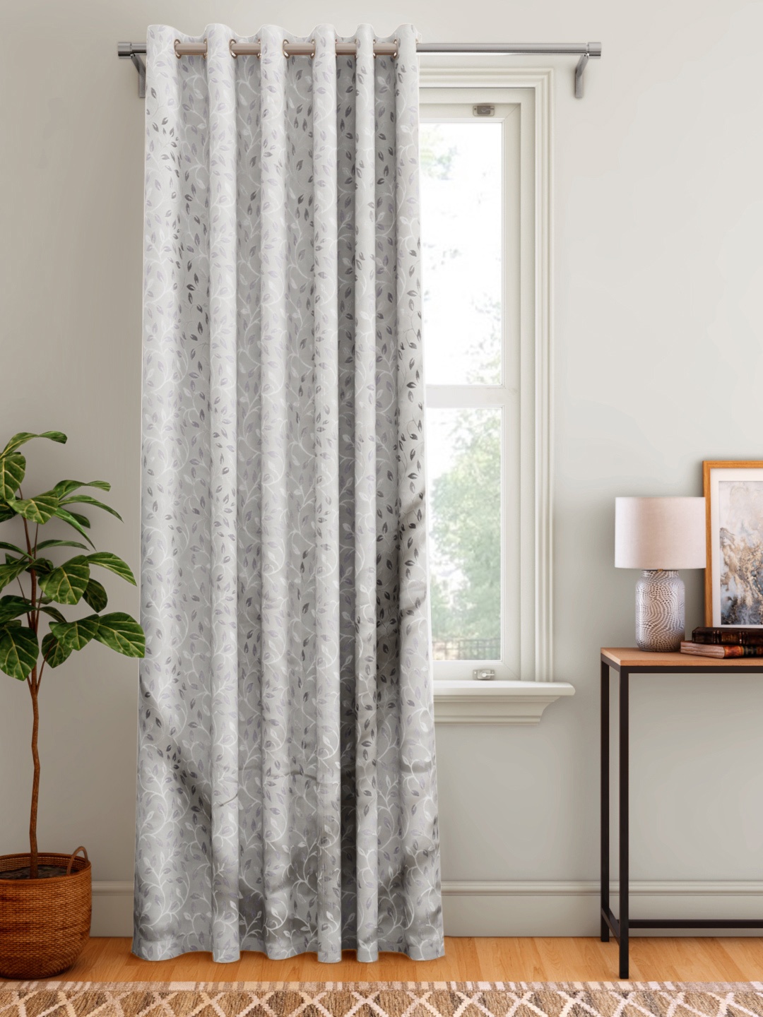 

Aura Grey Leaf Self Design Regular Door Curtain