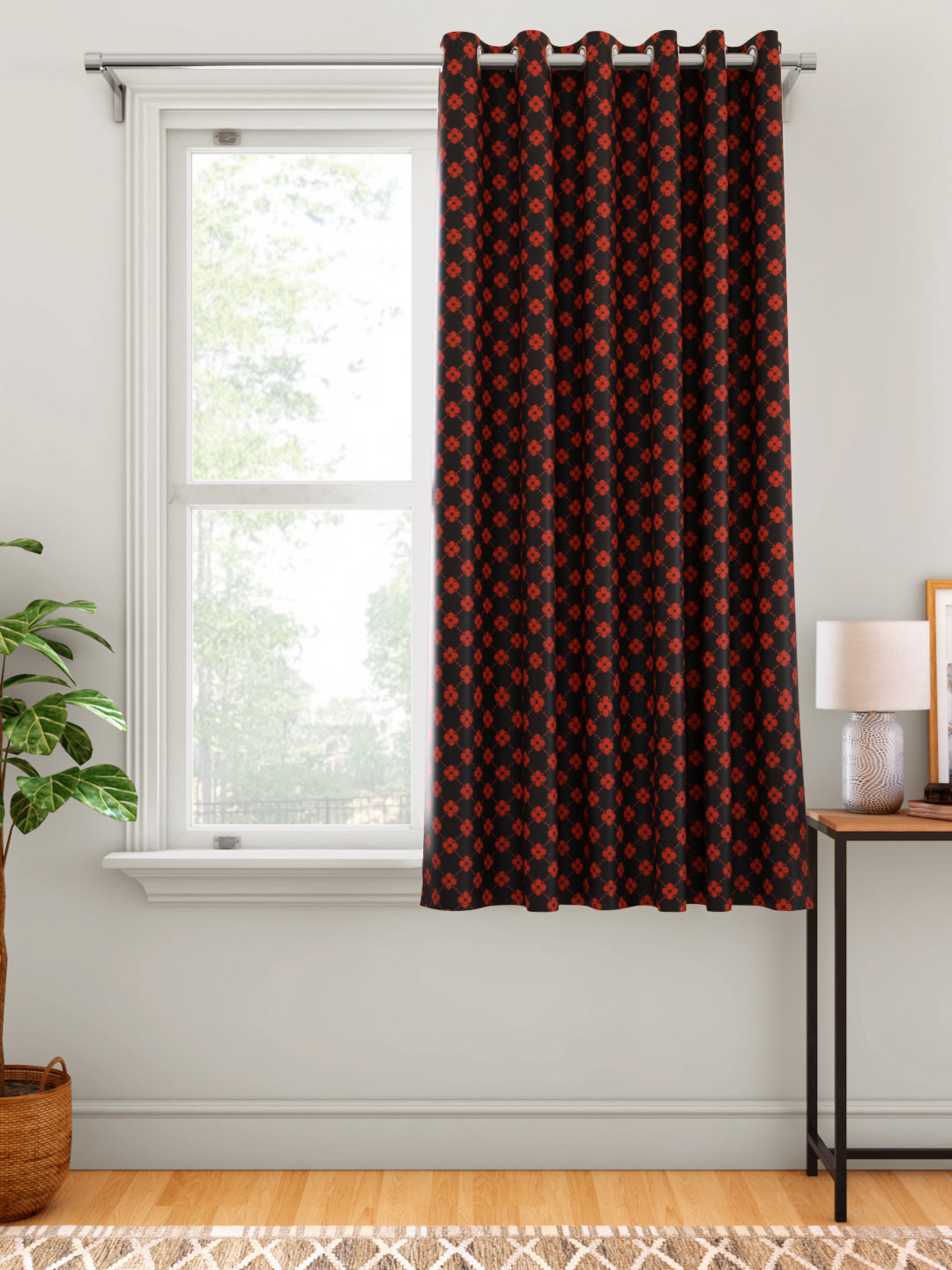 

Aura Black & Red Floral Single Window Curtain