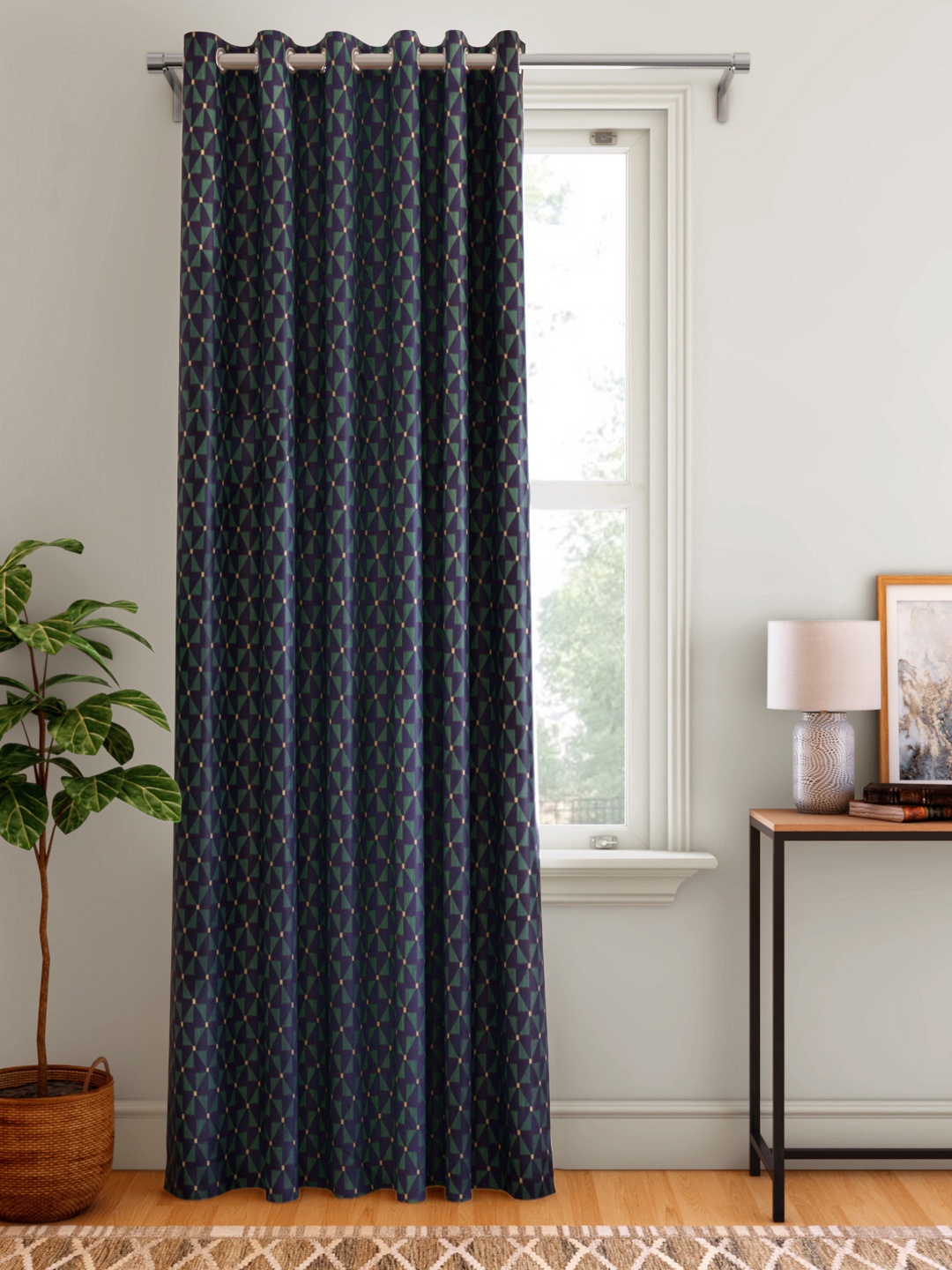 

Aura Navy Blue & Green Geometric Printed Single Door Curtain