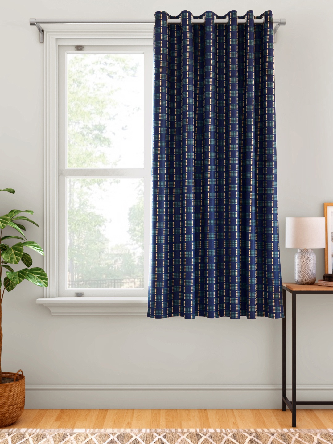 

Aura Navy Blue & Green Geometric Single Window Curtain