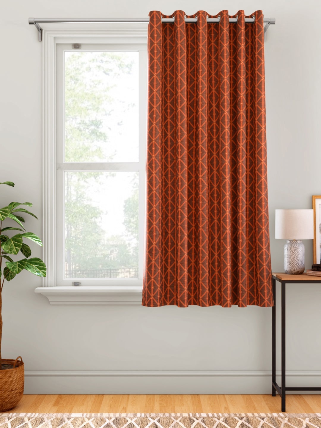 

Aura Rust Orange & Brown Geometric Patterned Single Window Curtain