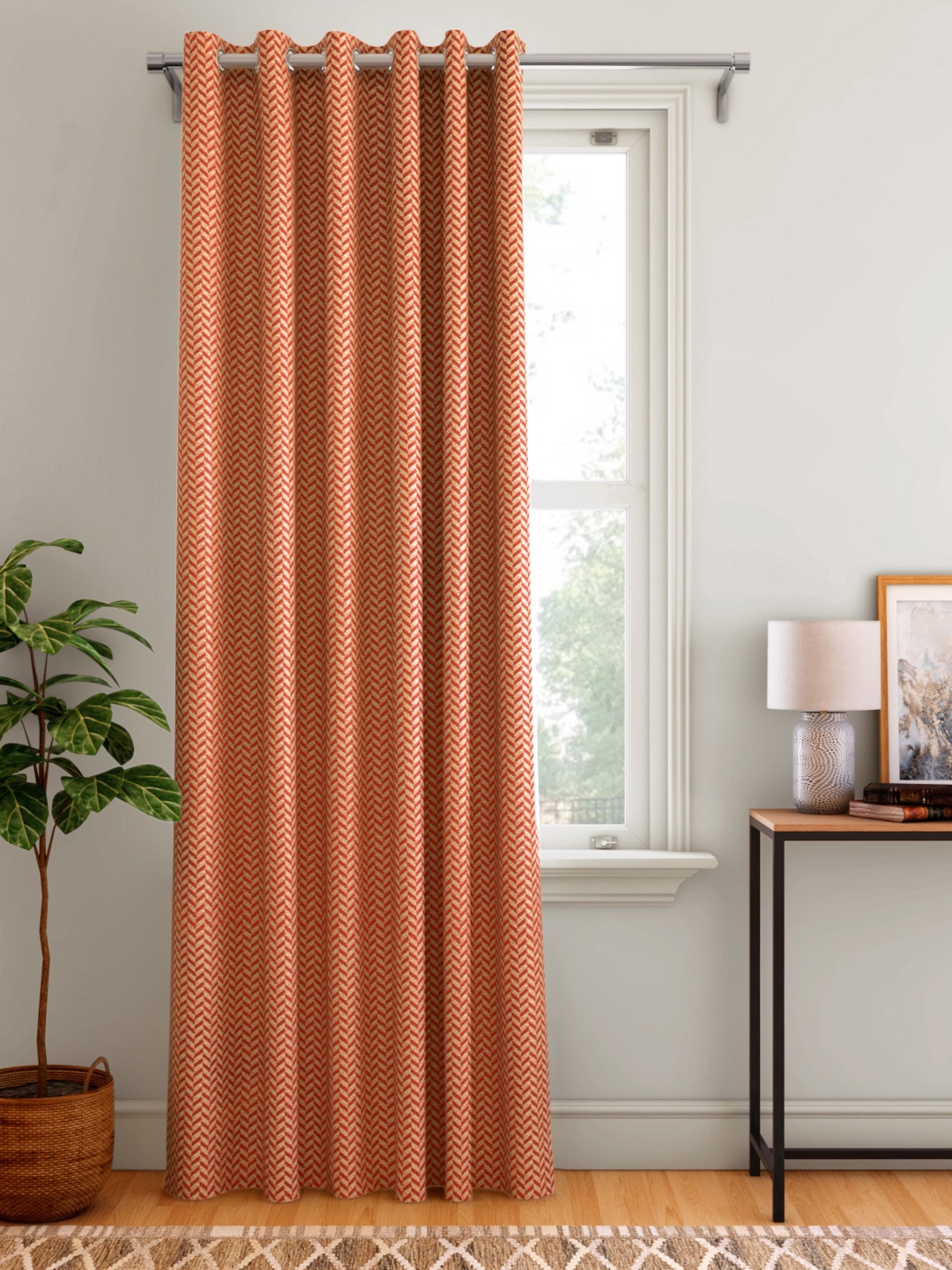 

Aura Orange & Cream-Coloured Geometric Patterned Single Door Curtain