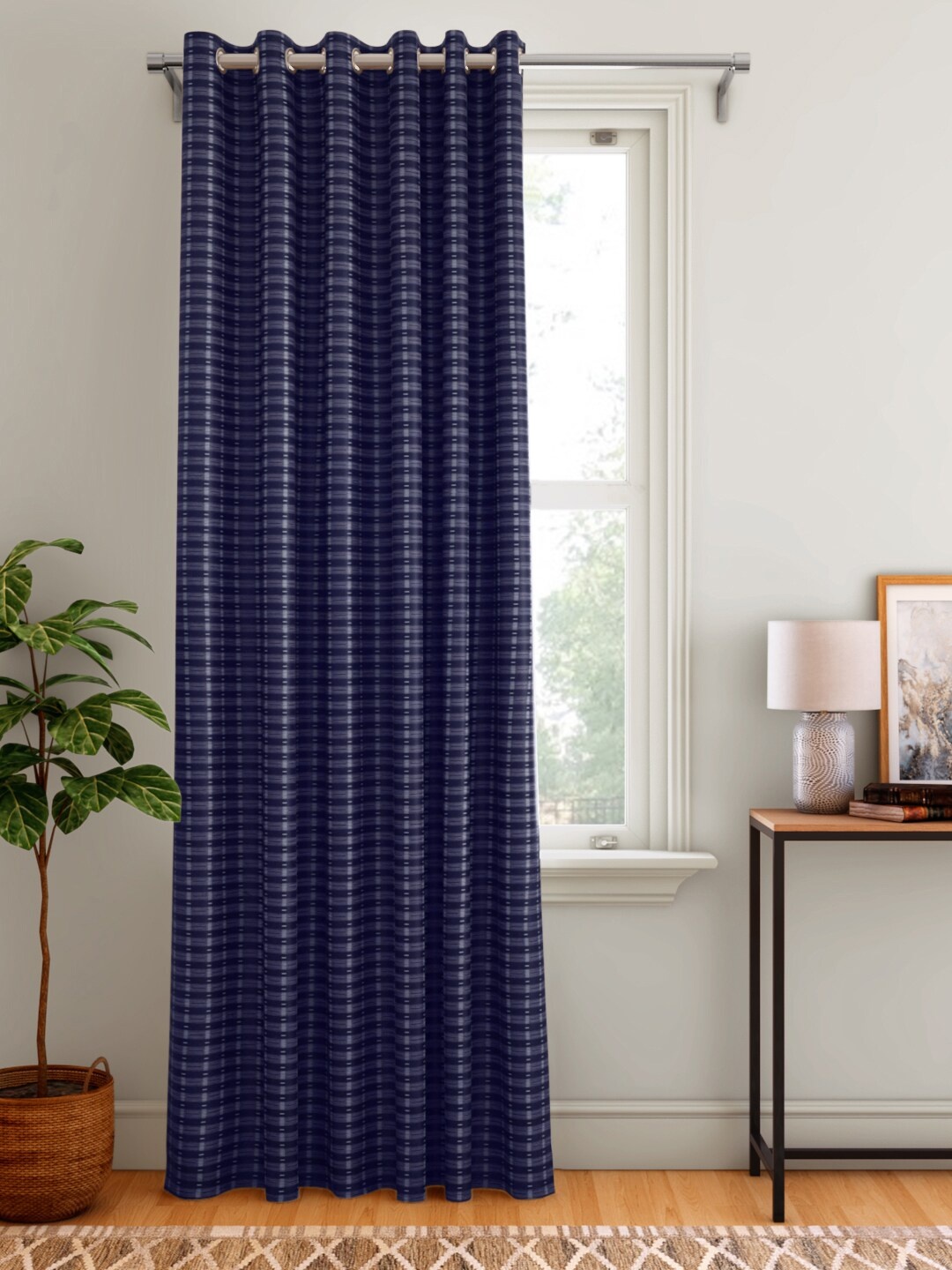 

Aura Navy Blue & White Self-Striped Single Door Curtain