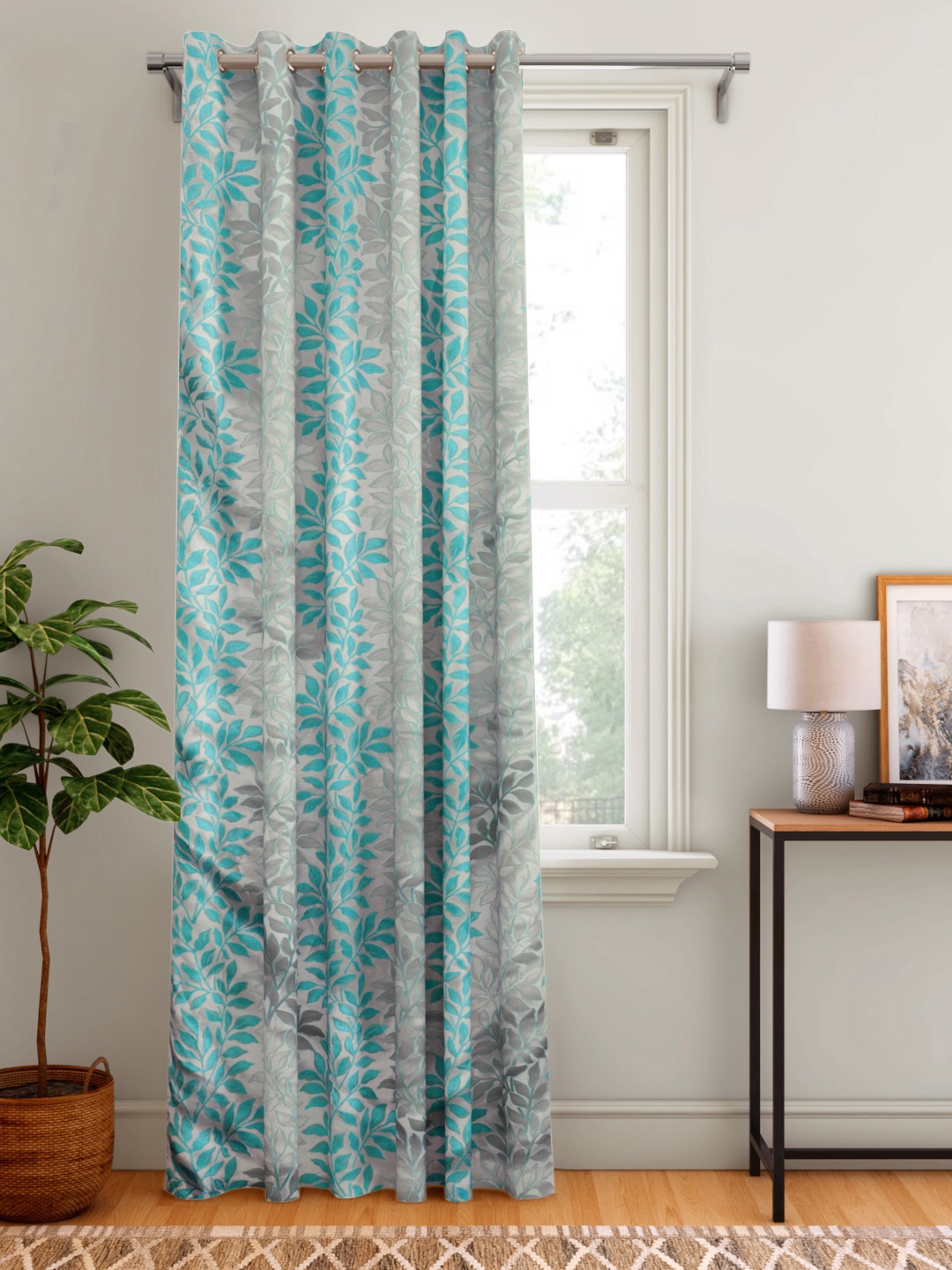 

Aura Silve & Blue Floral Single Door Curtain, Silver