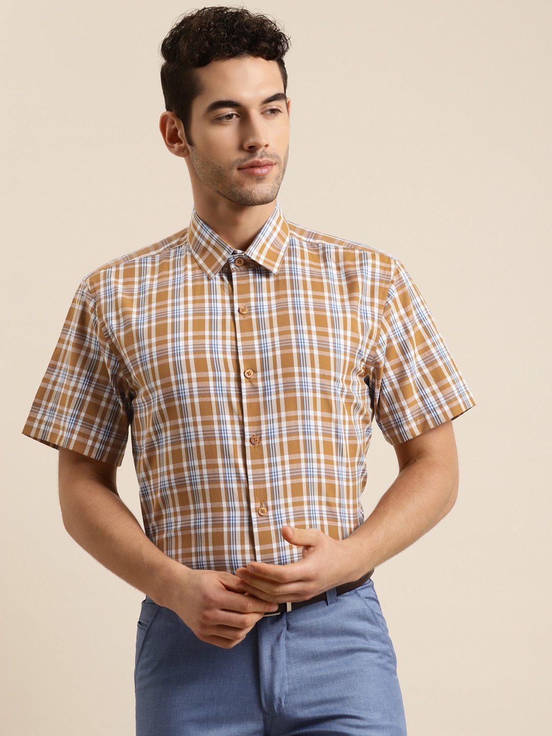 

SOJANYA Men Mustard Yellow & White Classic Regular Fit Checked Pure Cotton Formal Shirt
