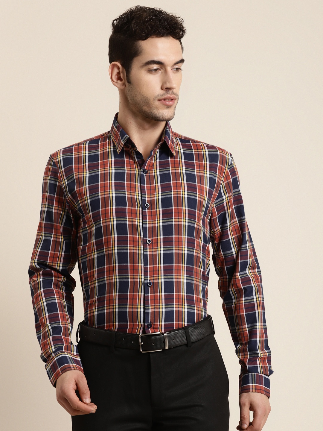 

SOJANYA Men Orange & Navy Blue Classic Regular Fit Checked Pure Cotton Formal Shirt