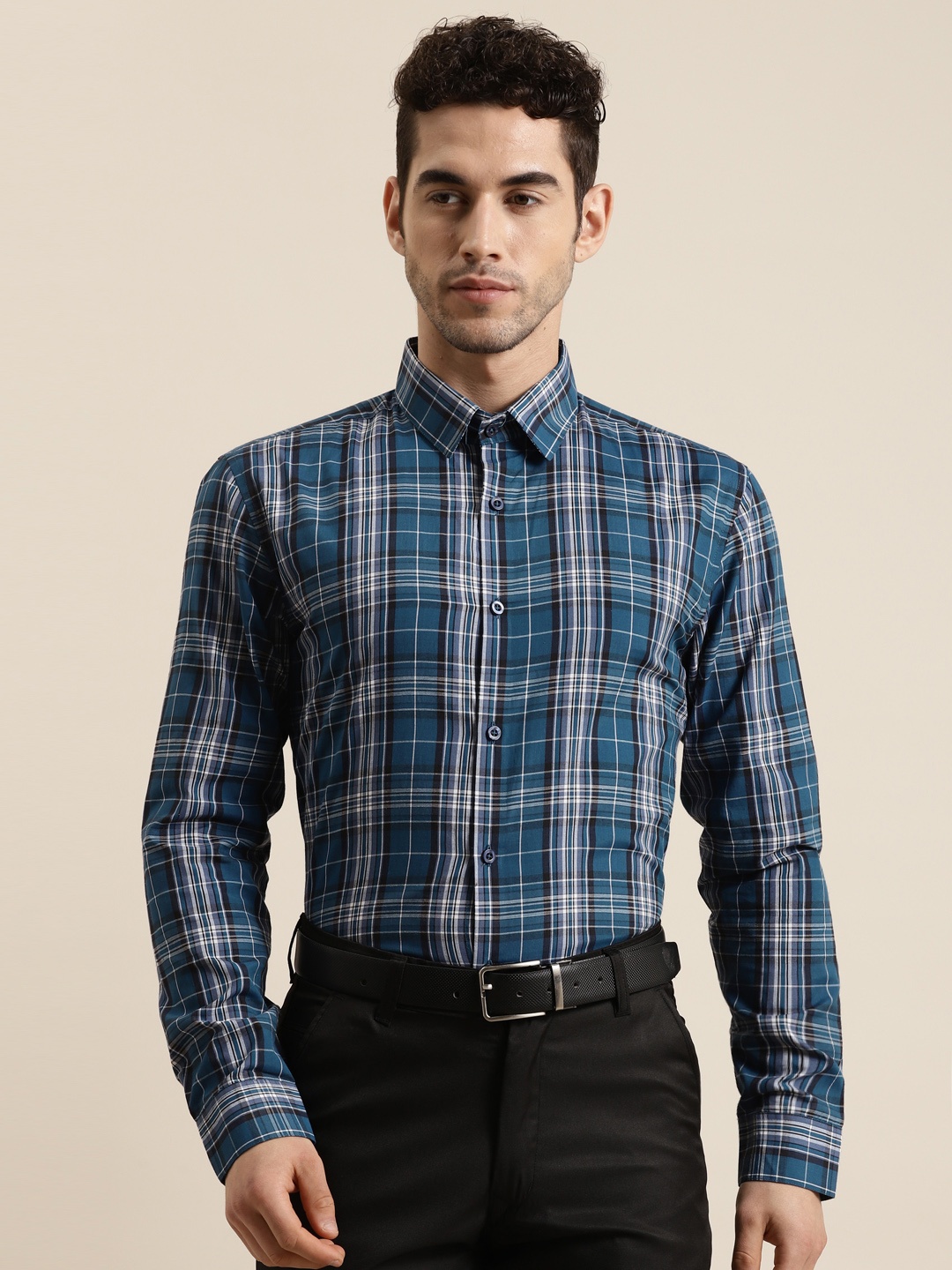 

SOJANYA Men Teal Blue & Black Classic Regular Fit Checked Pure Cotton Formal Shirt